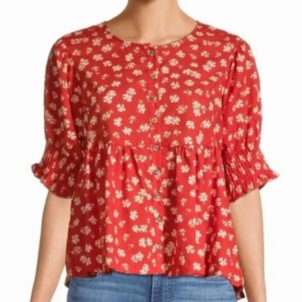 Madewell Puff-Sleeve Button-Front Top in Swiss Dot Happy Hibiscus Size Medium - Picture 1 of 8